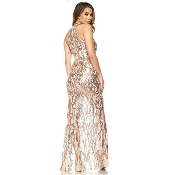 Lina Maxi Dress Womens Sleeveless Halter Neck Beaded Embroidered High Thigh Slit - Picture 3 of 3